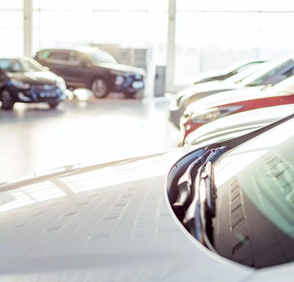 Row of cars parked inside a bright, sunlit showroom with large windows in the background. The photo highlights a car windscreen in the foreground, perfect for showcasing vehicles covered by comprehensive Company Car Insurance.
