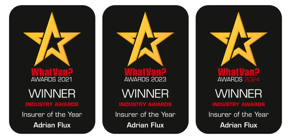 Three black award plaques with a large yellow star and red text reading WhatVan? Awards. Each plaque says WINNER INDUSTRY AWARDS Insurer of the Year Adrian Flux for 2021, 2023, and 2024, recognising excellence in Horsebox Insurance.
