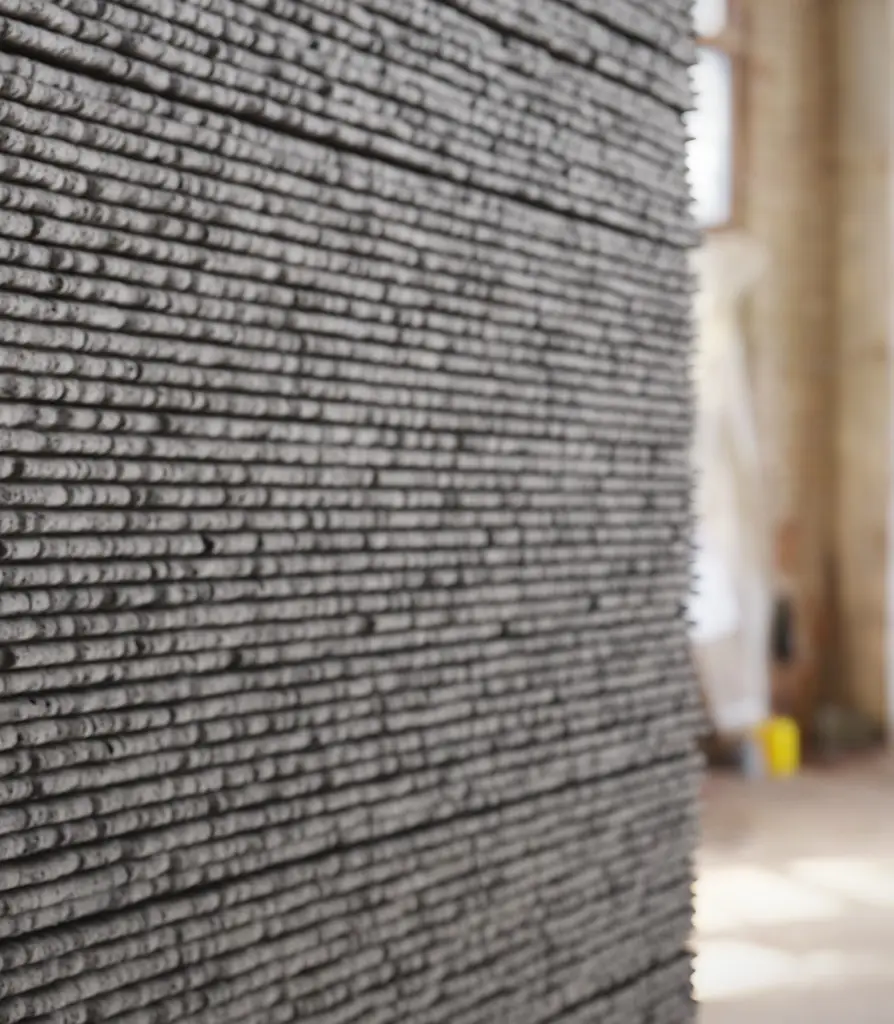 Close-up of a textured wall made from stacked layers of grey material, created using 3D concrete printing—an innovative technique gaining attention in the field of 3D printed home insurance—with a blurred, unfinished interior in the background.