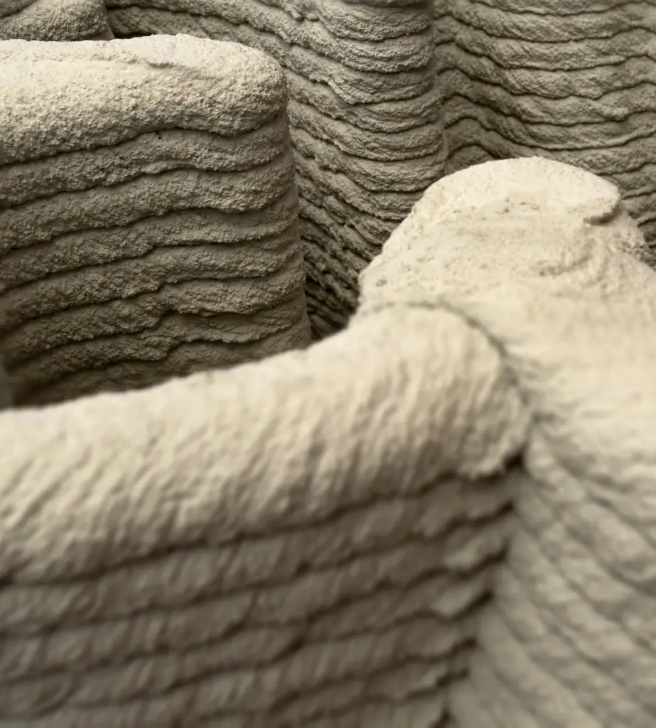 Close-up of tall, layered walls made from beige, textured material, resembling 3D-printed concrete with visible horizontal ridges and organic, wavy contours—an innovative look often sought in modern 3D printed home insurance projects.