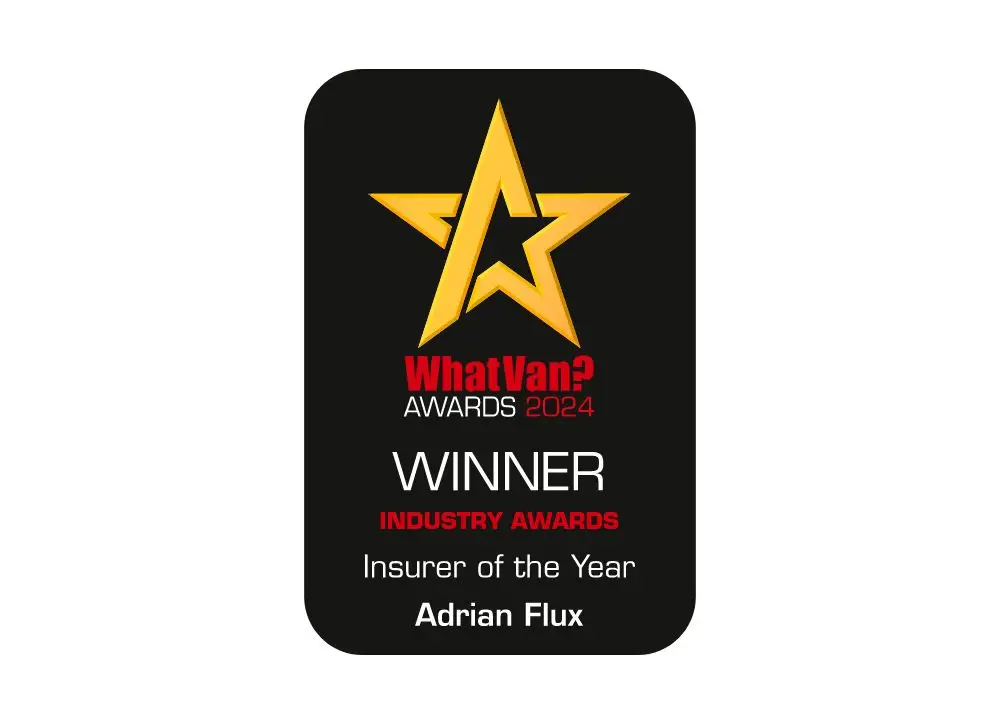 A black award plaque features a large gold star, with text reading: What Van? Awards 2024. WINNER Industry Awards. Insurer of the Year for courier van insurance. Adrian Flux.