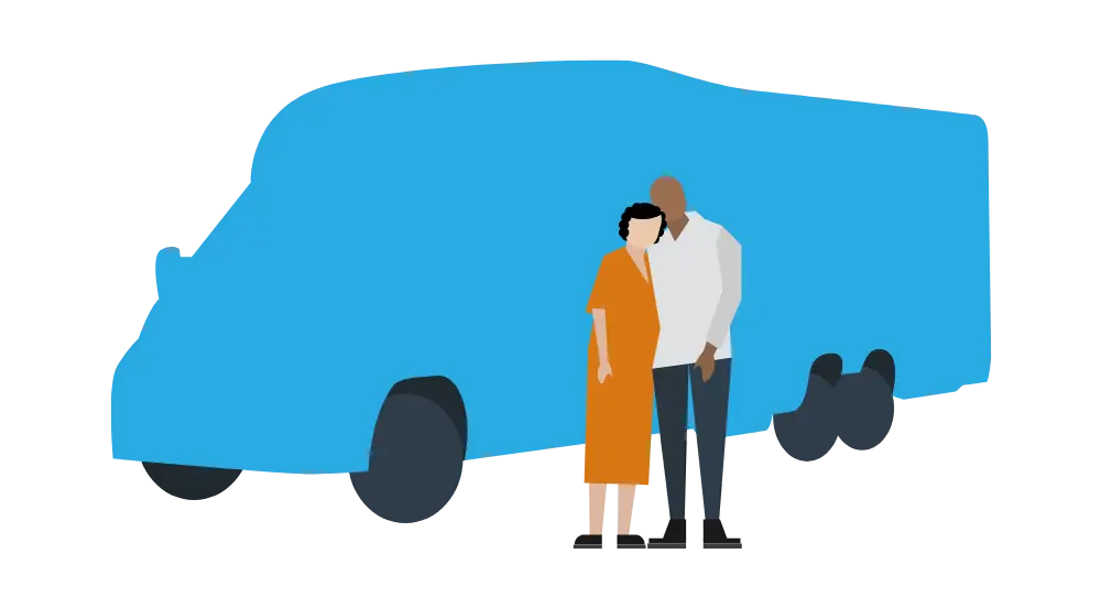 Illustration of a couple standing together in front of a large blue vehicle, with the woman in an orange dress and the man in a white shirt and dark trousers—perfect for highlighting the importance of Motorhome Insurance.