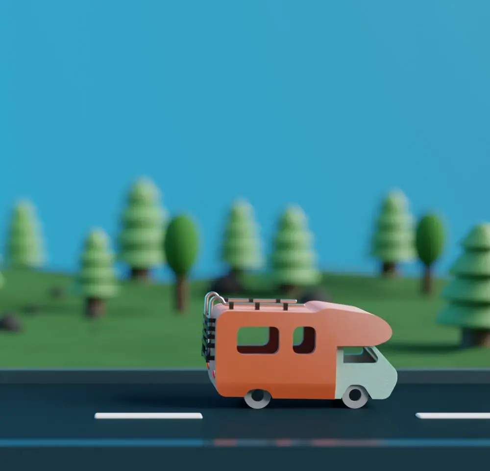 A colourful cartoon camper van, covered by Temporary Campervan Insurance, drives down a road with green trees and a blue sky in the background. The scene has a playful, 3D animated style.