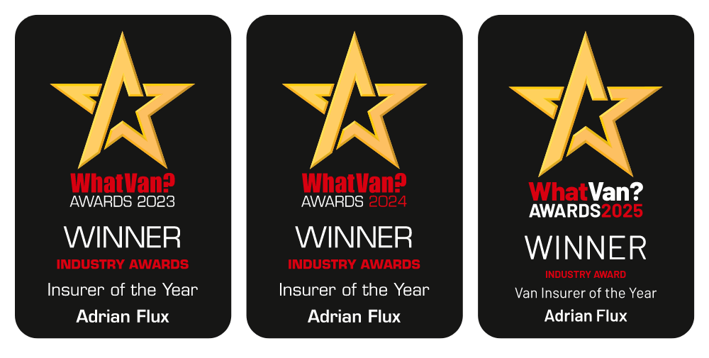 Three black award plaques with a large yellow star and red text reading WhatVan? Awards. Each plaque says WINNER INDUSTRY AWARDS Insurer of the Year Adrian Flux for 2021, 2023, and 2024, recognising excellence in Horsebox Insurance.